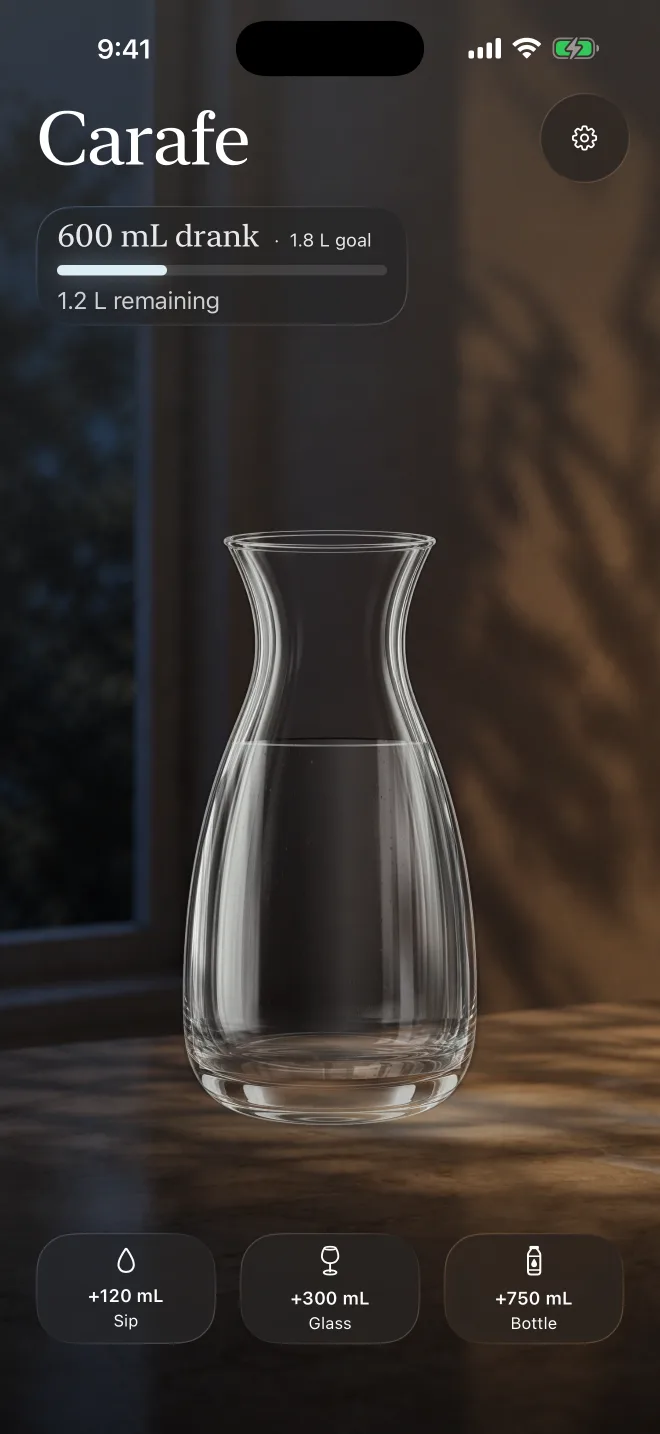 Carafe Today screen showing water progress and one-tap vessel actions