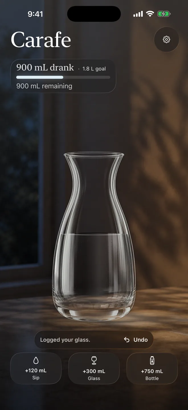 Carafe Today screen confirming a glass was logged with an Undo action.