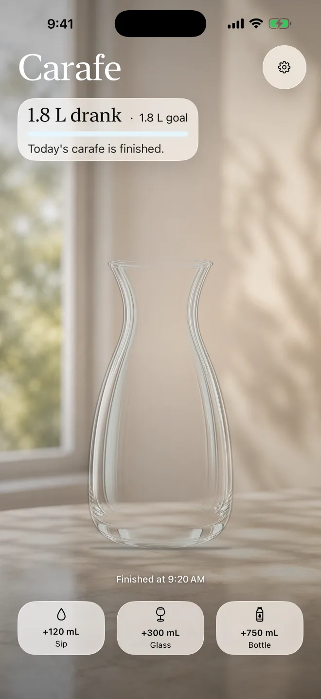 Carafe Today screen showing the daily carafe finished and the completion time.