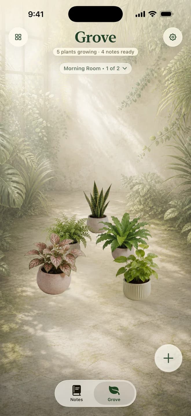 NoteGrove Grove screen with plants growing in a calm sunlit room