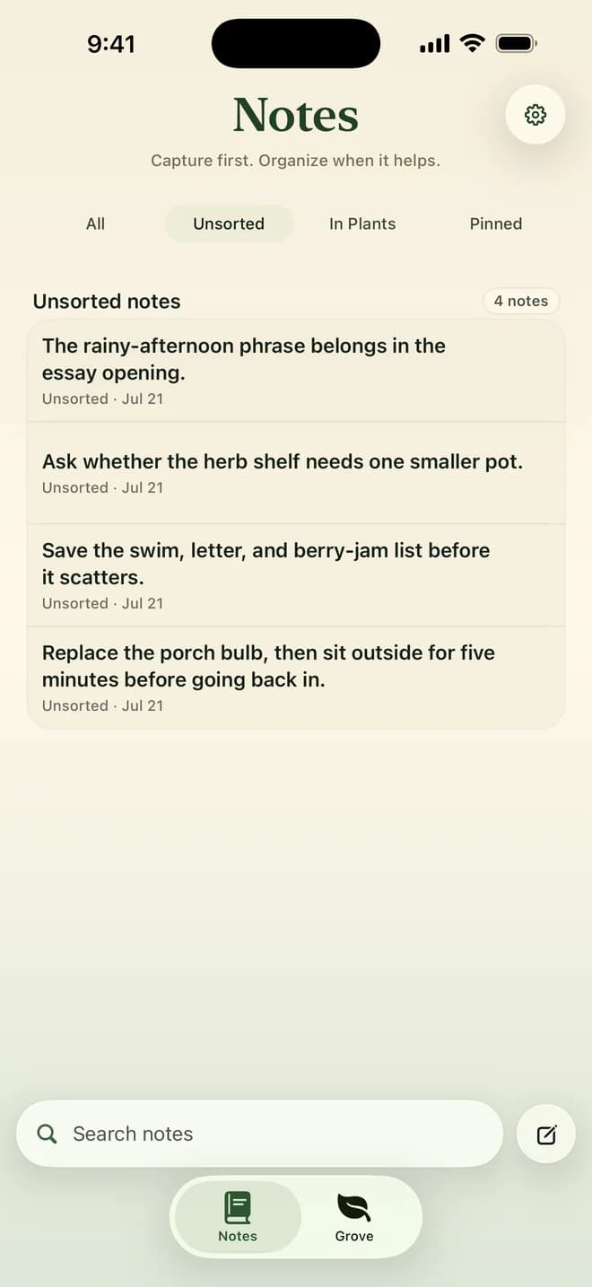 NoteGrove Notes showing four unsorted notes ready to organize when useful.