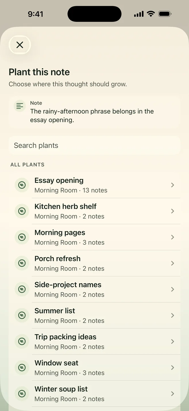 NoteGrove plant chooser for organizing a note into a new or existing plant.
