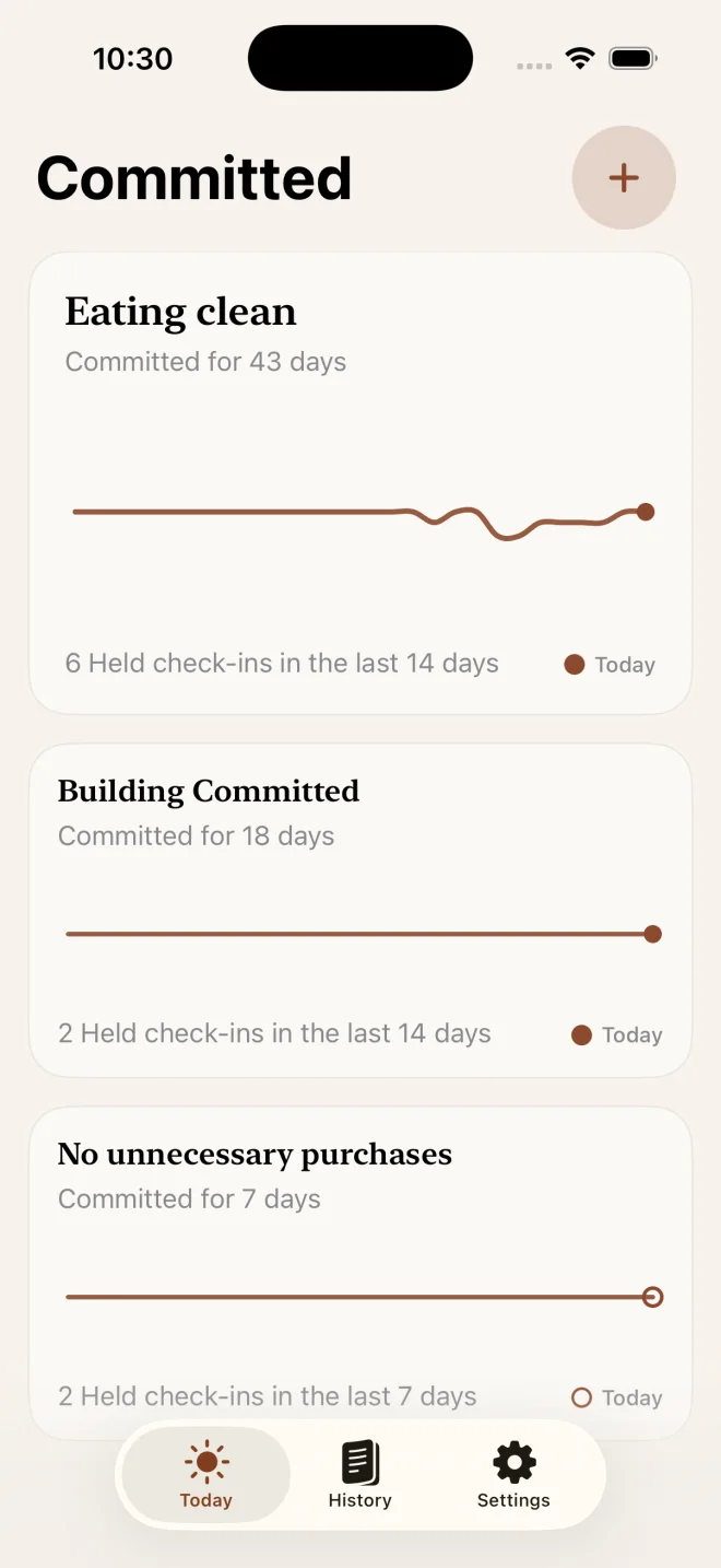 Committed Today screen with three active commitments