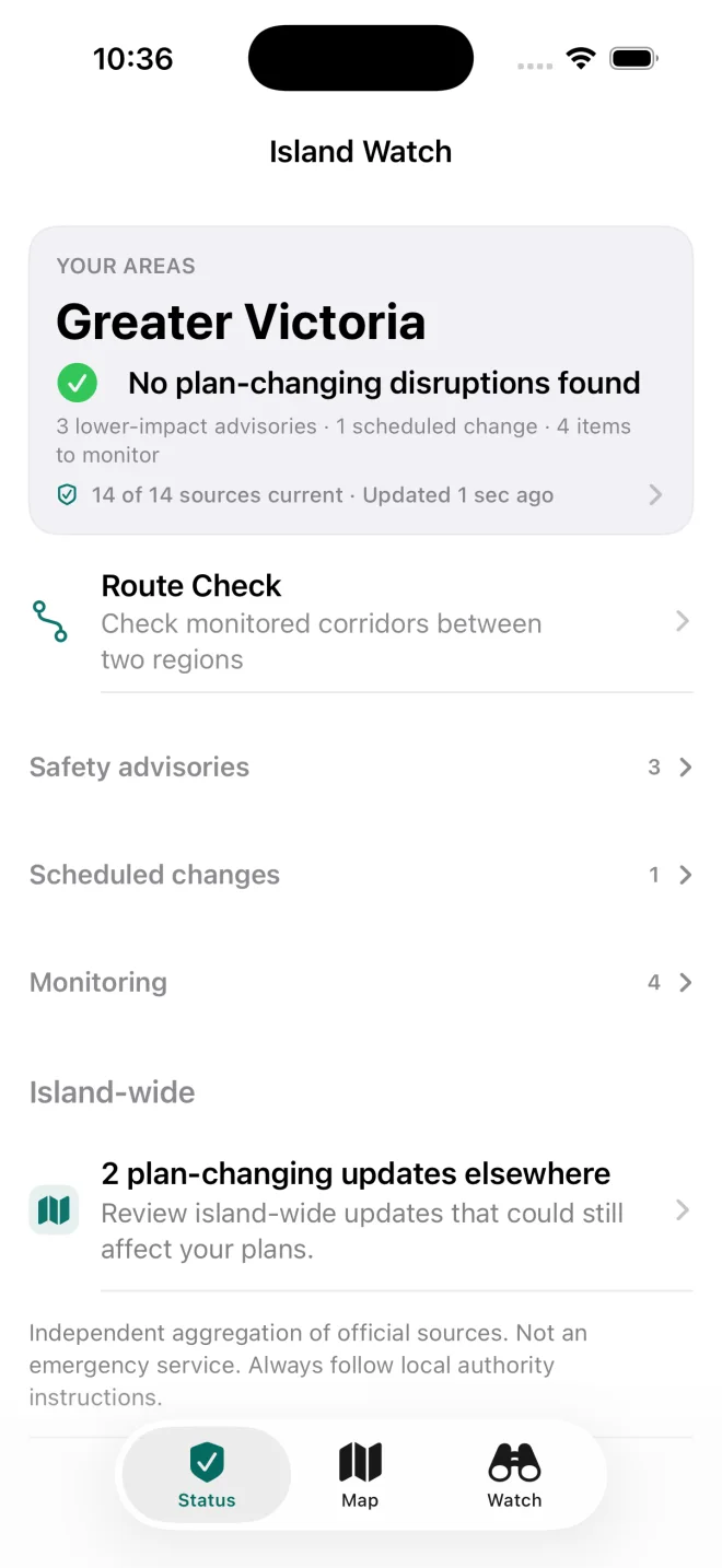 Island Watch Status screen with current Greater Victoria conditions and source freshness