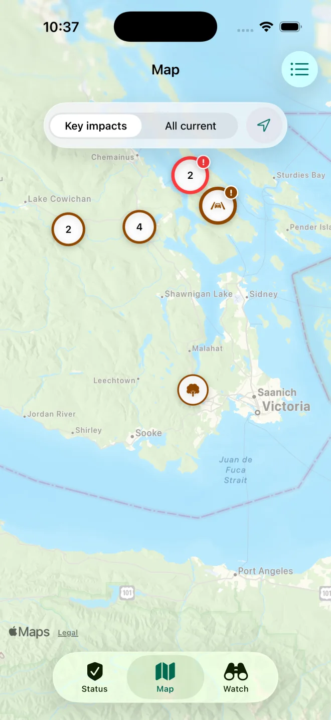 Island Watch Map showing current impact markers across southern Vancouver Island.
