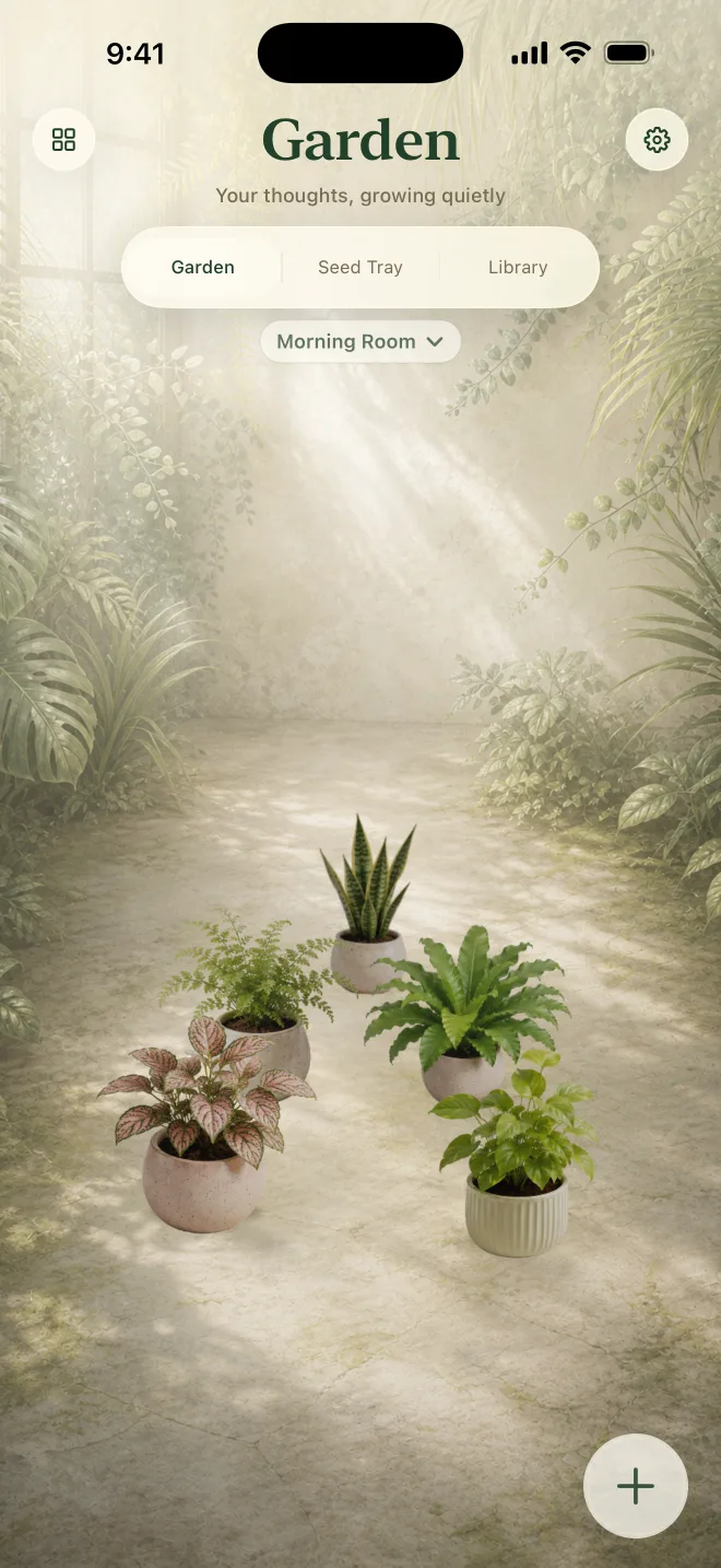 NoteGrove Garden screen with plants growing in a calm sunlit room