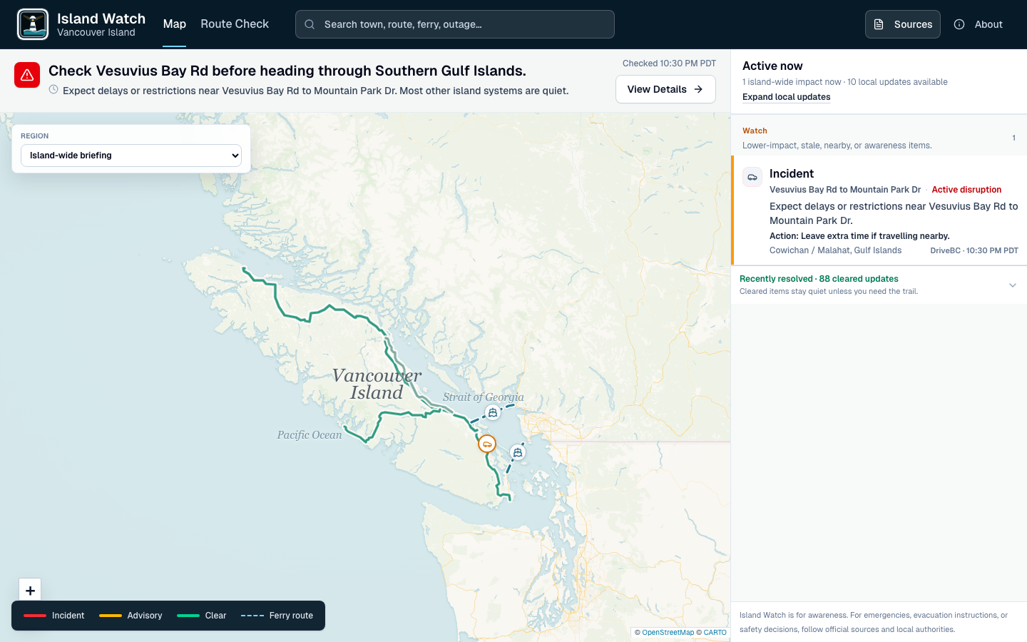 Island Watch dashboard showing Vancouver Island updates with map context and source-linked details